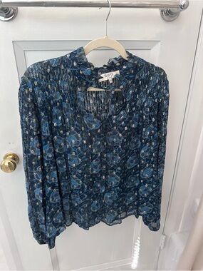 Sea New York Dark Blue Floral Smocked Peasant Blouse